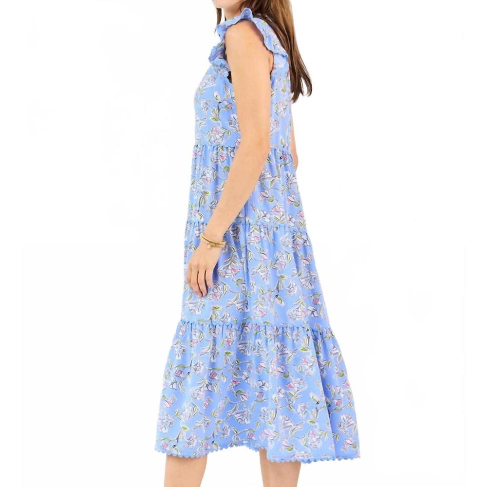 Blue Floral Tiered Midi Dress with Ruffle Sleeves - Picture 2 of 3